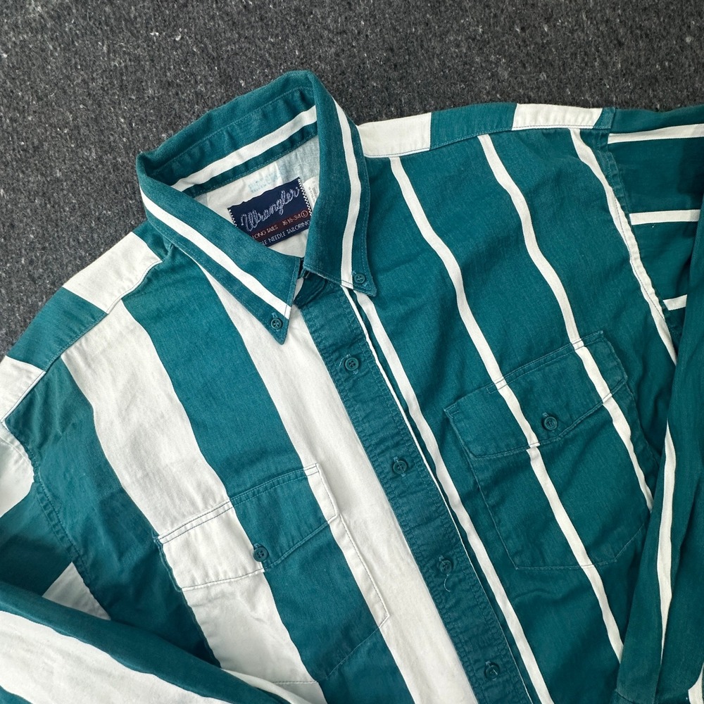VTG Wrangler Western Shirt Mens 16.5 x 34 Teal White Wide Stripe Long Tail 90s